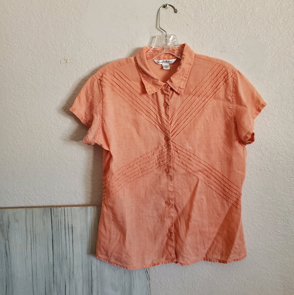Preston & York Peach Color Short Sleeve Front Pleated Linen Blouse Women's Size